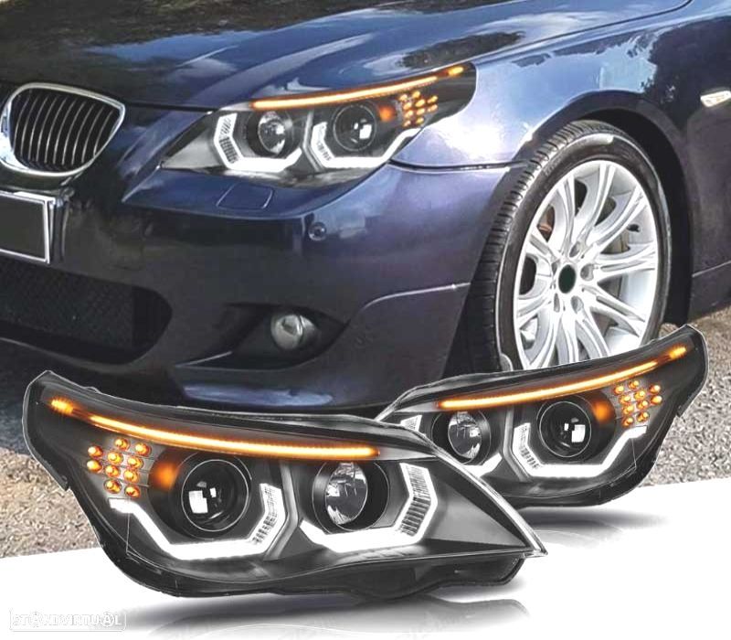FARÓIS BMW E60 E61 03-07 ANGEL EYES LED U HALO FUNDO PRETO - 1
