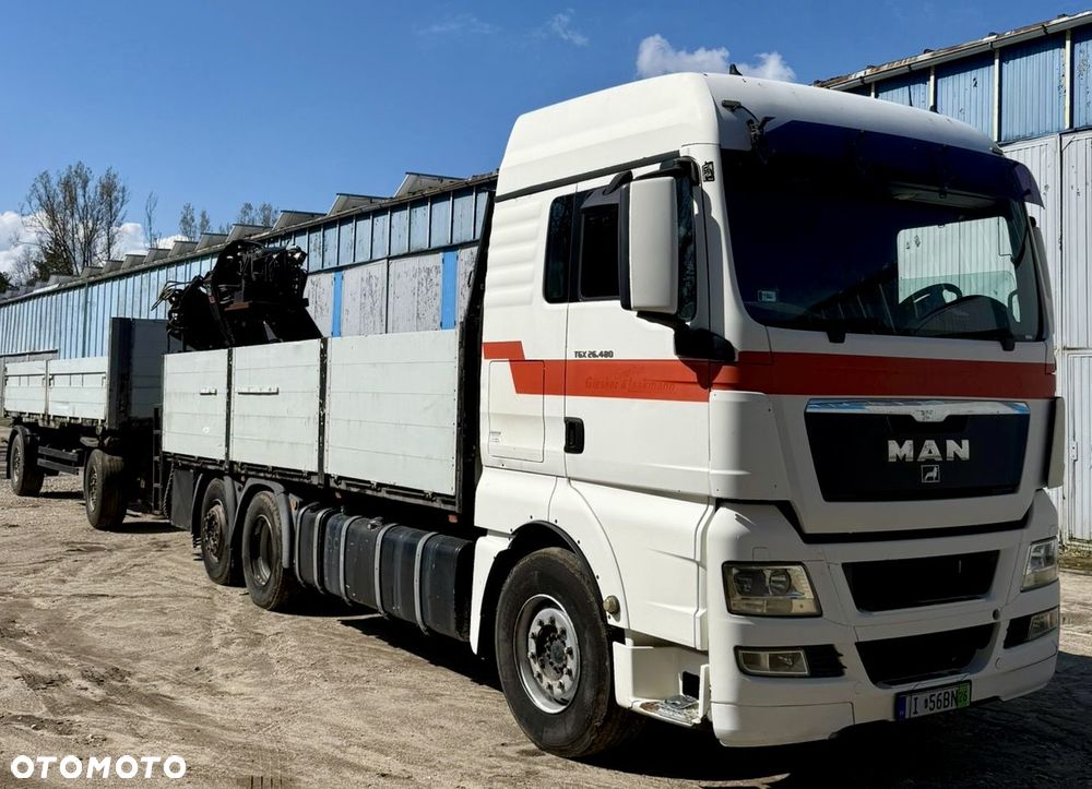 MAN TGX 26.480 6x2 XLX HIAB XS 144DS-3 PRO DŁ:10.5m AUTOMAT RETARDER KLIMA OŚ PODNOSZONA I SKRĘTNA DŁ:PAKI:6.4m BURTY ALUMINIOWE + PRZYCZEPA SCHWARZMULLER BURTOWA DŁ:7m 2009r EURO 5