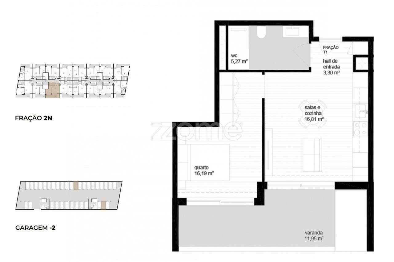 Apartamento T1 (2N) localizado no piso 2, com área total de 84.9 m2. - Grande imagem: 3/23