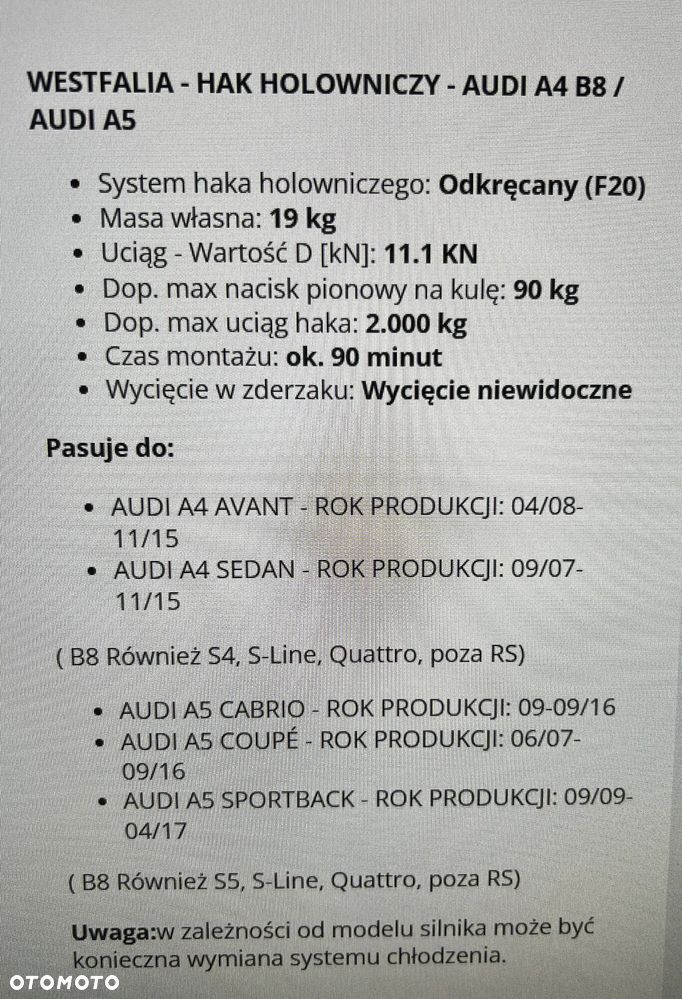Hak Holowniczy Audi a4 b8 lift audi a5 Westfalia - 3