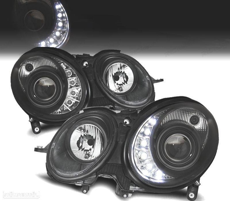 FARÓIS XENON LUZ DIURNA LED MERCEDES E W211 02-06 FUNDO PRETO - 1