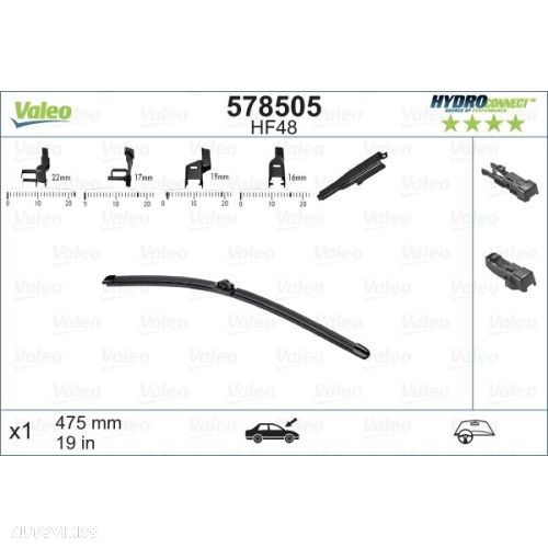 Lamela stergator 475mm/19in Audi, BMW, Fiat Talento, Ford, Infiniti, Mercedes, Mini, Nissan, Opel Vivaro, Renault, Seat Ibiza/Cordoba, Skoda, VW, Volvo; fata, dreapta, plata, adaptor OE Valeo, Valeo - 1