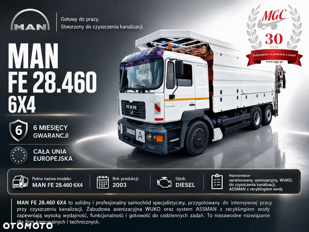 MAN FE 28.460 6X4 / WUKO / ASENIZACYJNY / ASSMANN / RECYKLING / 7000L + 1700L / NIE RDZEWKA BECZKA / SERWISOWANY / SOLIDNA ZABUDOWA / CZYSZCZENIE KANALIZACJI - 2