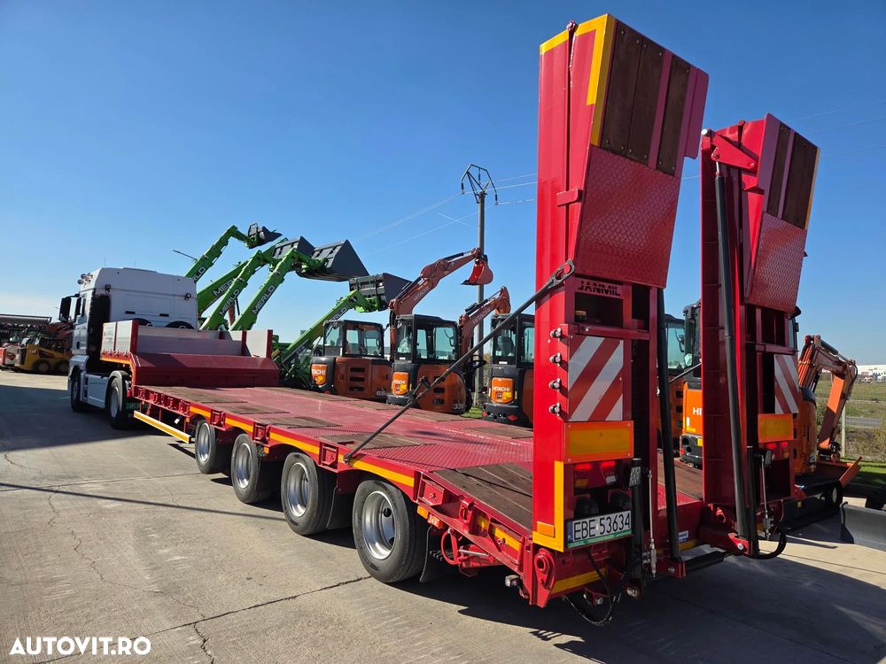 Janmil TRAILER 4 axe, rampe DUBLE, util 55t, axe SAF, Anv Goodyear, 2 roti rezerva, 2 axe viratoare, extensii lemn la 3m latime, obloane gat lebada, produs POLONIA, axa liftabila, garantie 1 an, leasing 5 ani cu rata lunara 6500 lei, PROMOTIE 67900 EUR+Tva - 1