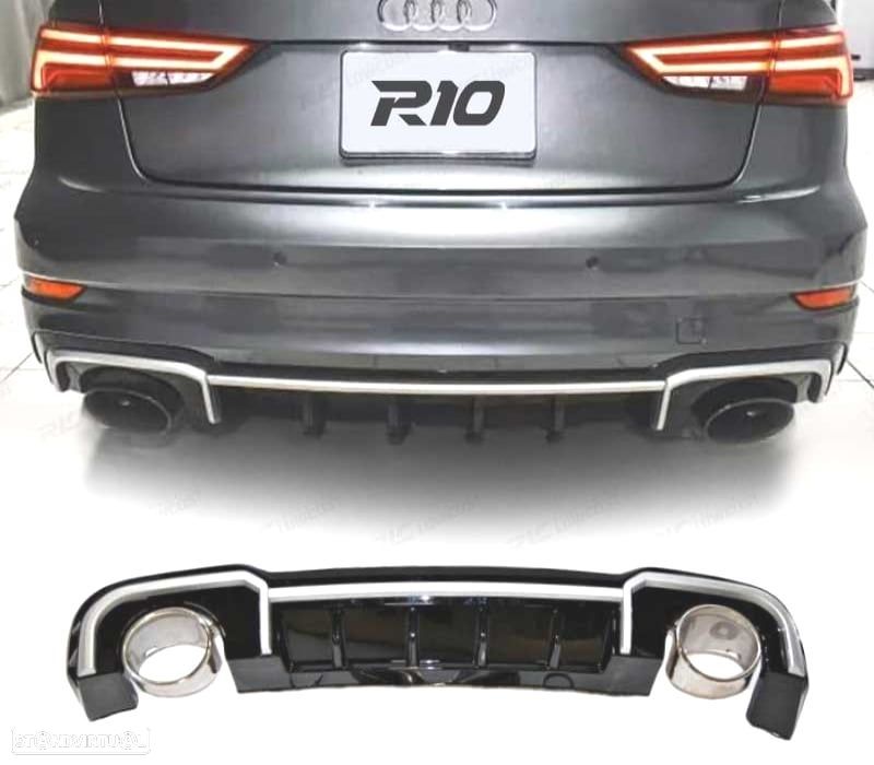 DIFUSOR AUDI A3 SEDAN S LINE 17-20 LOOK RS3 PRETO BRILHANTE + PONTEIRAS DE ESCAPE - 1