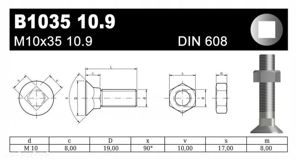 ŚRUBA PŁUŻNA B1035 M10x35 10.9 DIN608 - 2