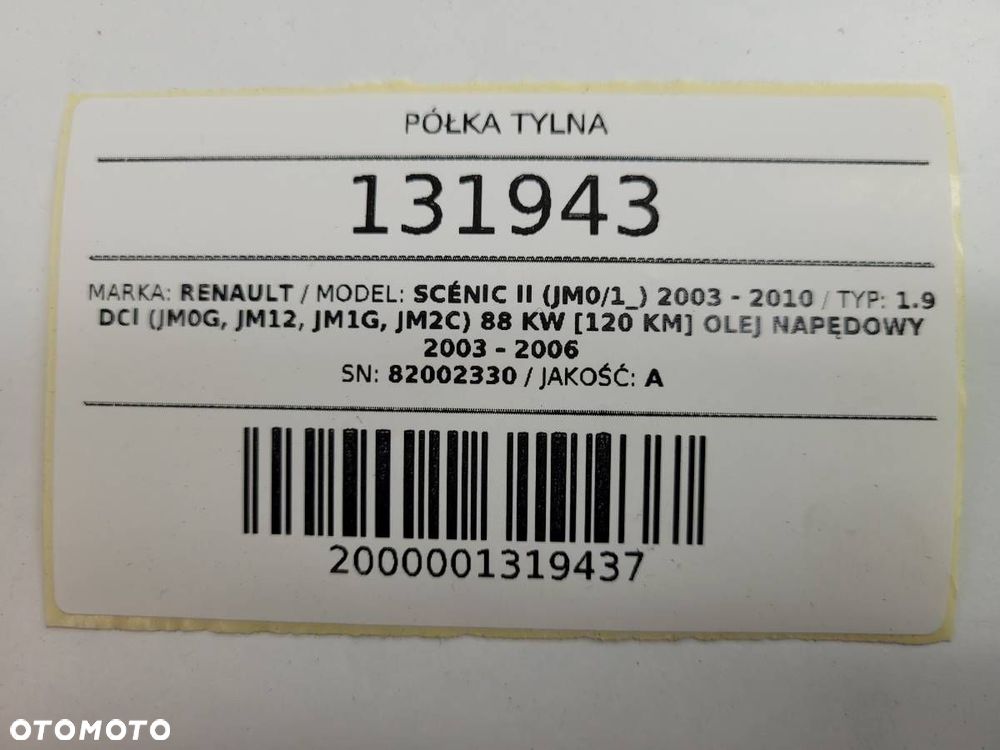 PÓŁKA TYŁ TYLNA BAGAŻNIKA SZNURKI RENAULT SCENIC II 82002330 - 9