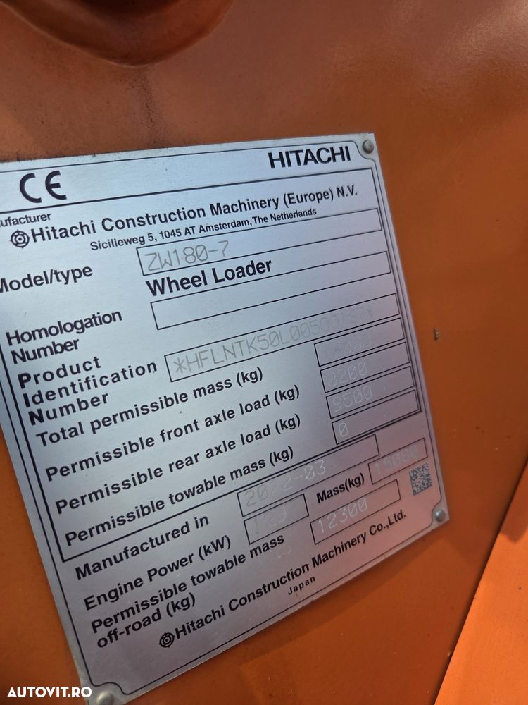 Hitachi ZW180-7, 2022, 3.650h, 13.294km rulati, CUPLA RAPIDA, cupa 3mc, Camera spate si laterale, cantar, gresare automata, Michelin 80% ok, consum mediu 8,9l/h, circ hidr suplm, masa operationala 18t,CA NOU-posibilitate leasing 4 ani-PROMOTIE 99.900 EUR+Tva - 22