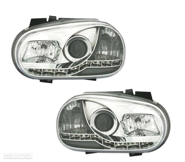 FARÓIS FERNTE LUZ DIURNA LED GOLF IV 4 FUNDO CROMADO