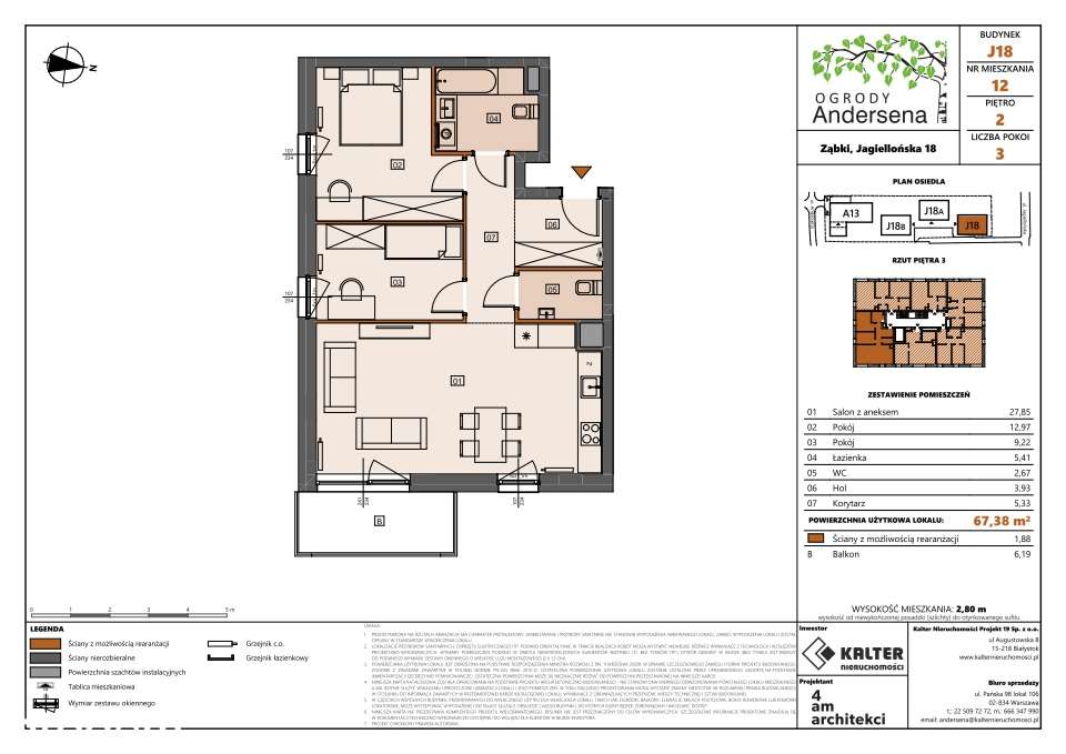 Mieszkanie J18-12 - 67,38 m2 z balkonem 6,19 m2