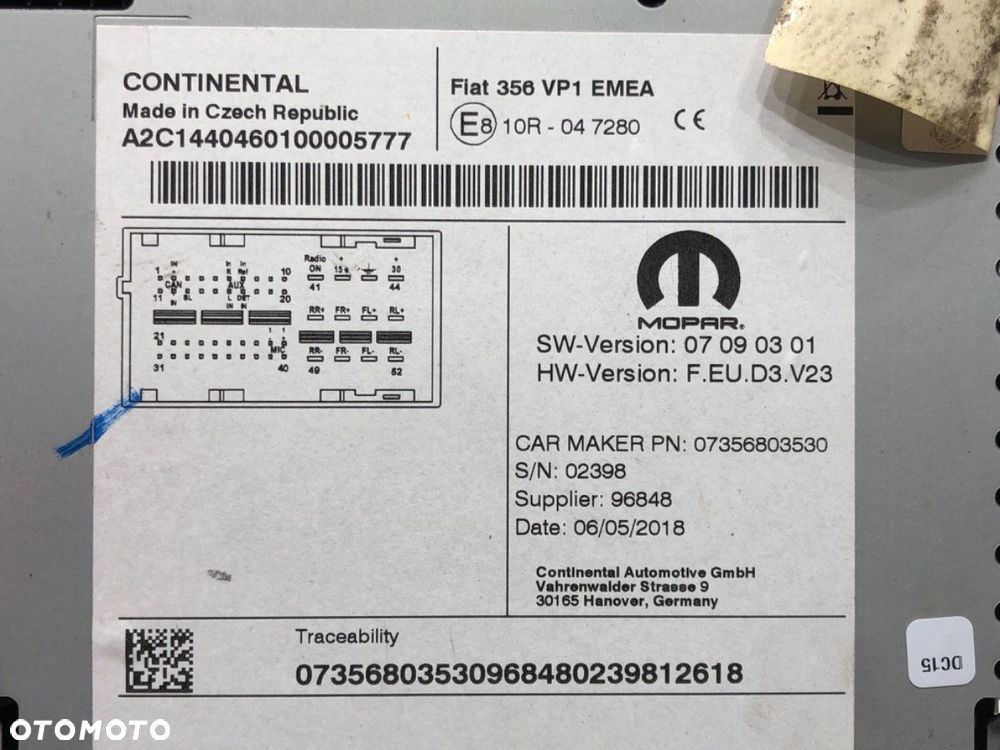 RADIO  FIAT TIPO liftback (356_) 2016 - 2022 1.4 (356HXF1B) 88 kW [120 KM] benzyna 2016 - 2022 - 5