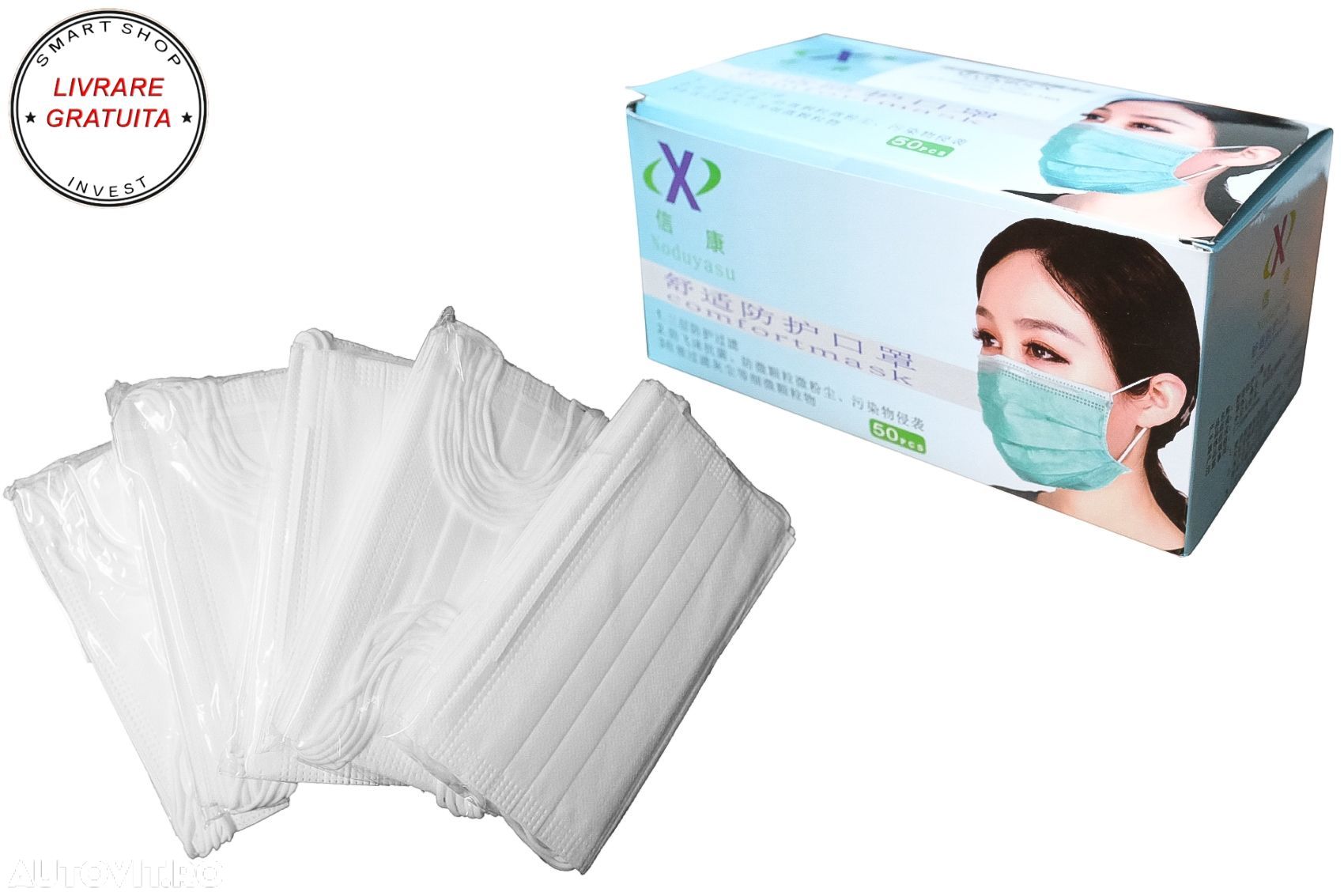 Pachet 50 masti de protectie de unica folosinta cu 3 pliuri 3 straturi cu banda de- livrare gratuita - 1