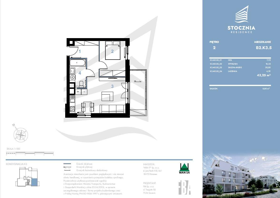 Mieszkanie 43,25 m2 + balkon | Stocznia Residence