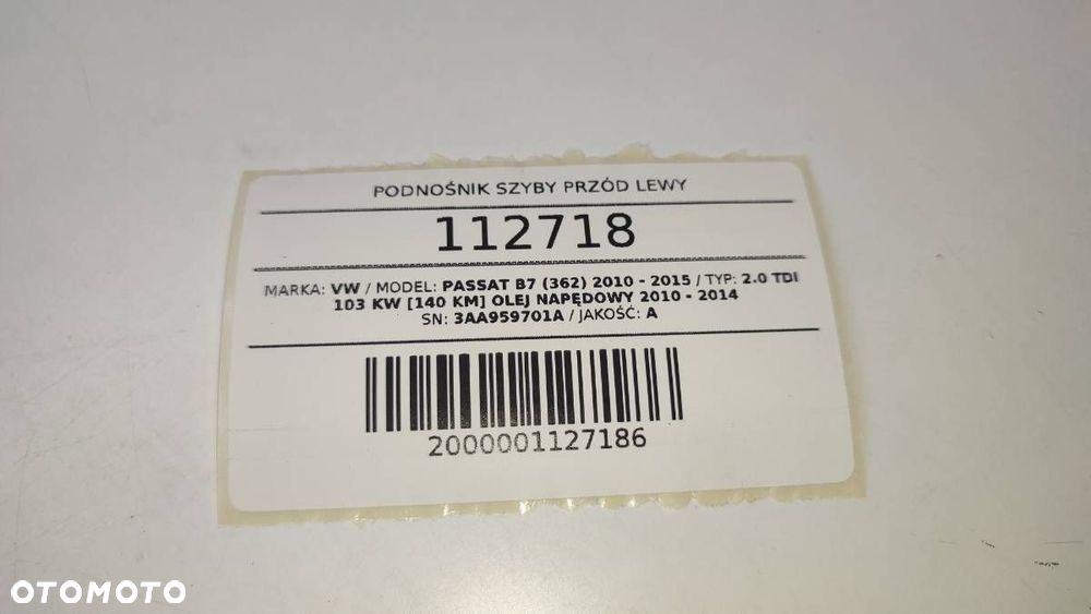 PODNOŚNIK SILNICZEK SZYBY PRZÓD LEWY 3C0959793C VW PASSAT B7 EUROPA - 3