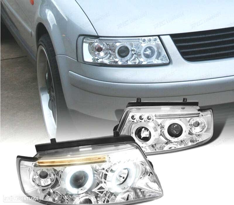FARÓIS ANGEL EYES + LED VOLKSWAGEN VW PASSAT 96-00 FUNDO CROMADO - 1
