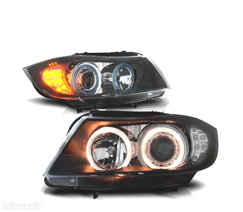 FARÓIS FRENTE ANGEL EYES LED PARA BMW E90 E91FUNDO PRETO - 1