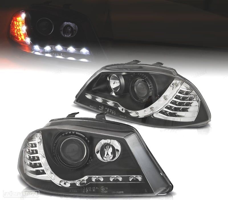 FARÓIS LUZ DIURNA + PISCA LED SEAT IBIZA 6L 02-08 FUNDO PRETO - 1