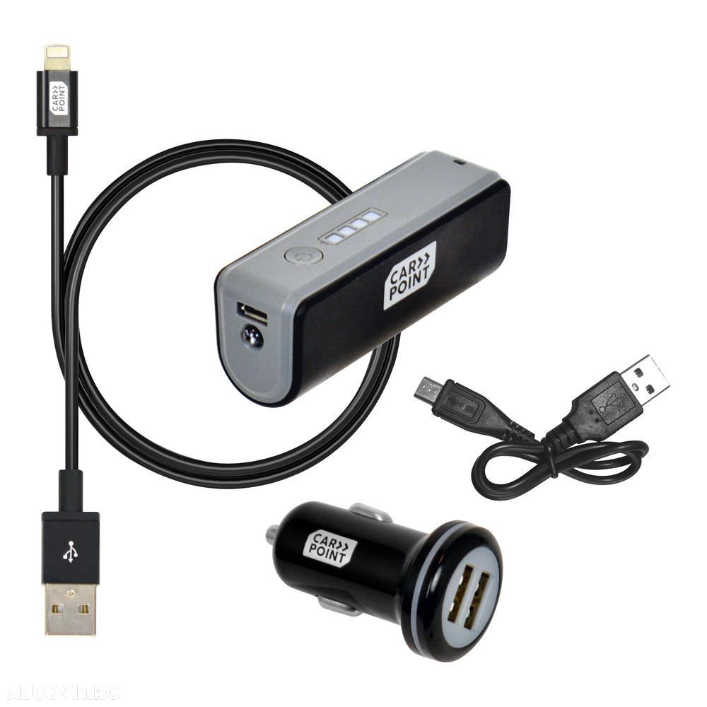 Set incarcare telefon Carpoint Deluxe, incarcator bricheta cu 2 iesiri USB, cablu cu cablu conector hibrid MicroUSB MFi Dock 8pin si acumulator extern 2200mAh, - 1