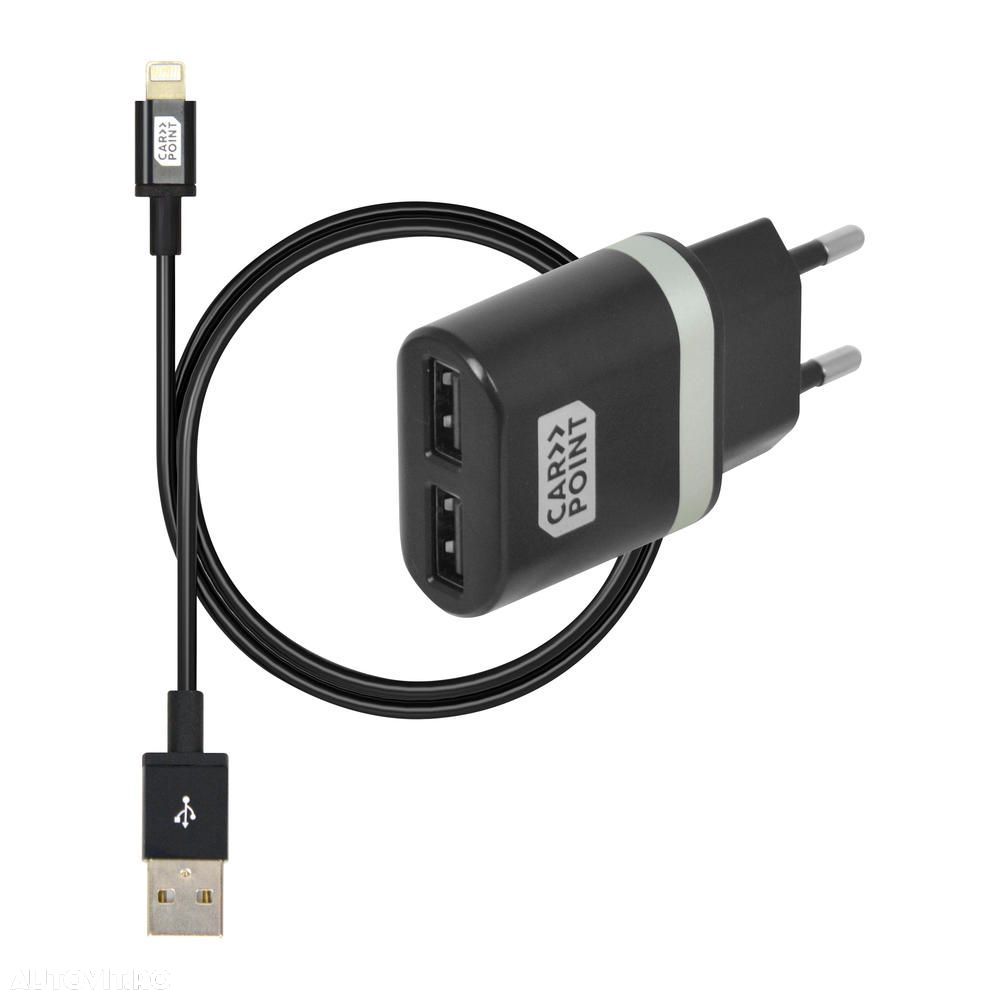 Incarcator priza retea, cu iesire 2x USB, iesire 5V 2.4V, cu cablu conector hibrid MicroUSB MFi Dock 8pin, - 1