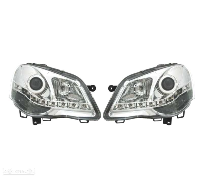 FARÓIS FRONTAIS COM LUZ DIURNA LED PARA VOLKSWAGEN VW POLO 9N3,05-09FUNDO CROMADO - 1