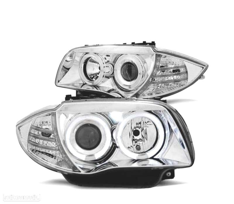 FARÓIS ANGEL EYES CCFL BMW 1 E81 E87 E82 E88 04-11 FUNDO CROMADO - 1
