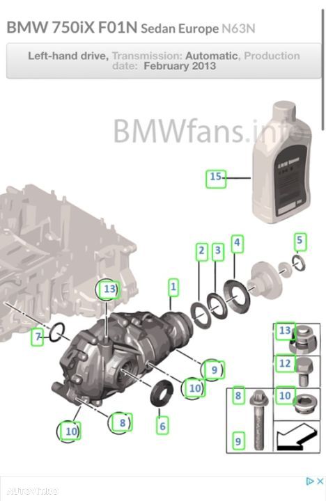 grup diferențial fata 2.81 750xi benzină V8 N63B44B 450hp 650ix F01 F01 F10 550xi xdrive 4x4 F13 raport 281 merge doar la model pe benzină - 2