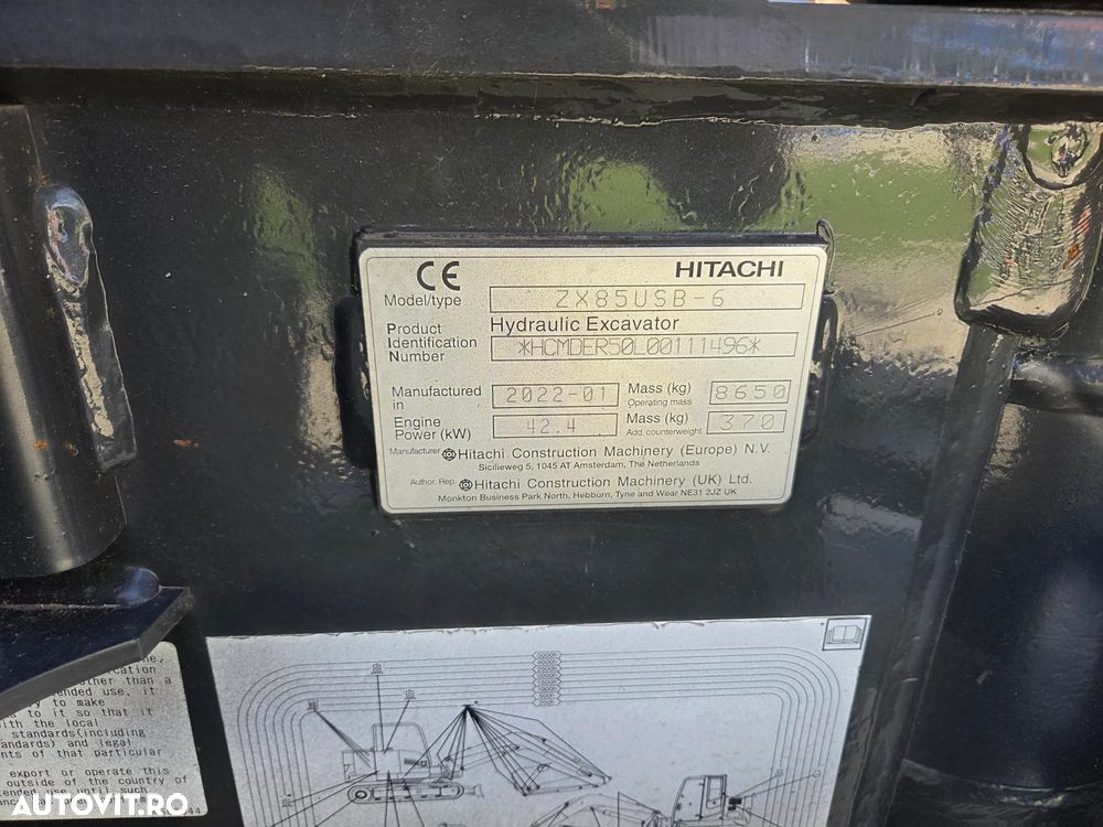 Hitachi ZX85, 2022, 3.177h, LAMA NIVELARE, senile CAUCIUC NOI, CUPLA RAPIDA HIDRAULICA+3 cupe noi, adanc sapare 5m, latimie 2,2m, inst picon pe brate, inst rotire pe brate, Aer condi, Antifurt, Computer in lb romana, leasing 4 ani-PROMOTIE 62.900 EUR+Tva - 23