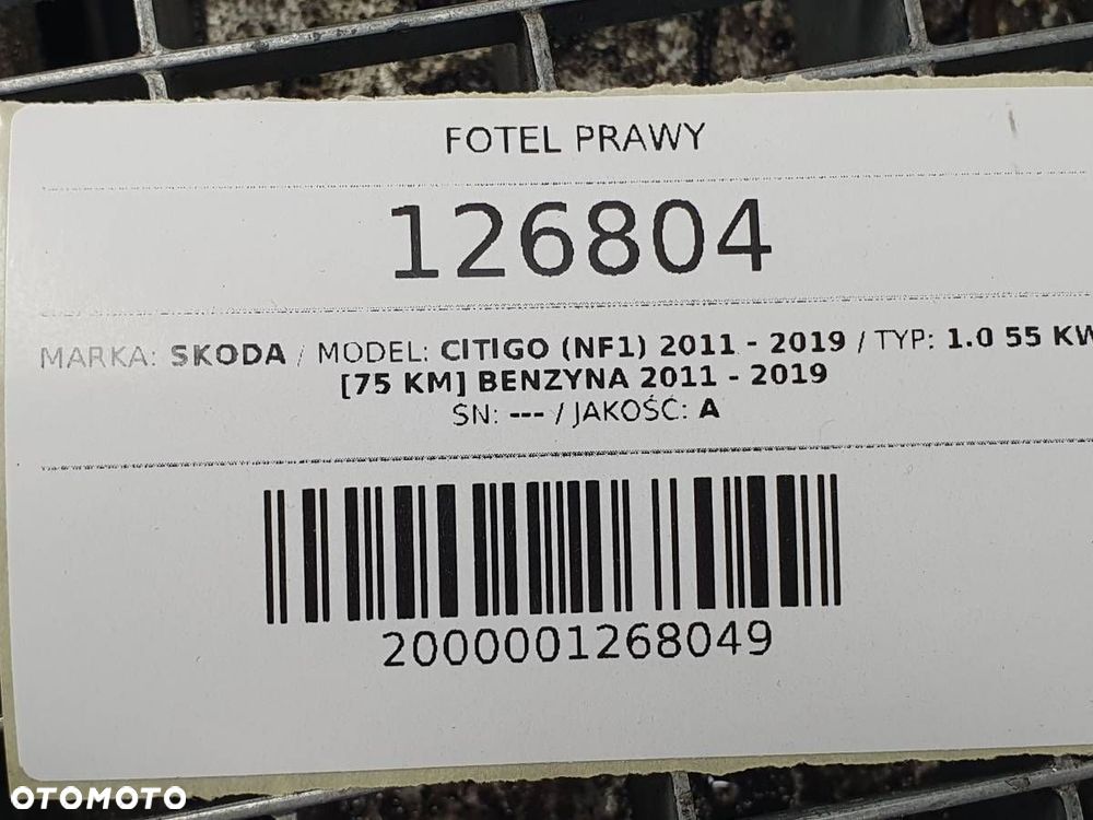 FOTEL PRZÓD PRZEDNI PRAWY PASAŻERA SKODA CITIGO EU WYSTRZELONY - 10