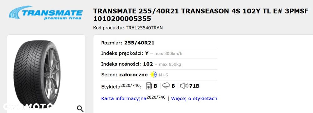 255/40 R21 nowe opony wielosezonowe 21 Transmate TRANSEASON 4S FR 255/40R21 102Y Nowe z Demontażu - 4