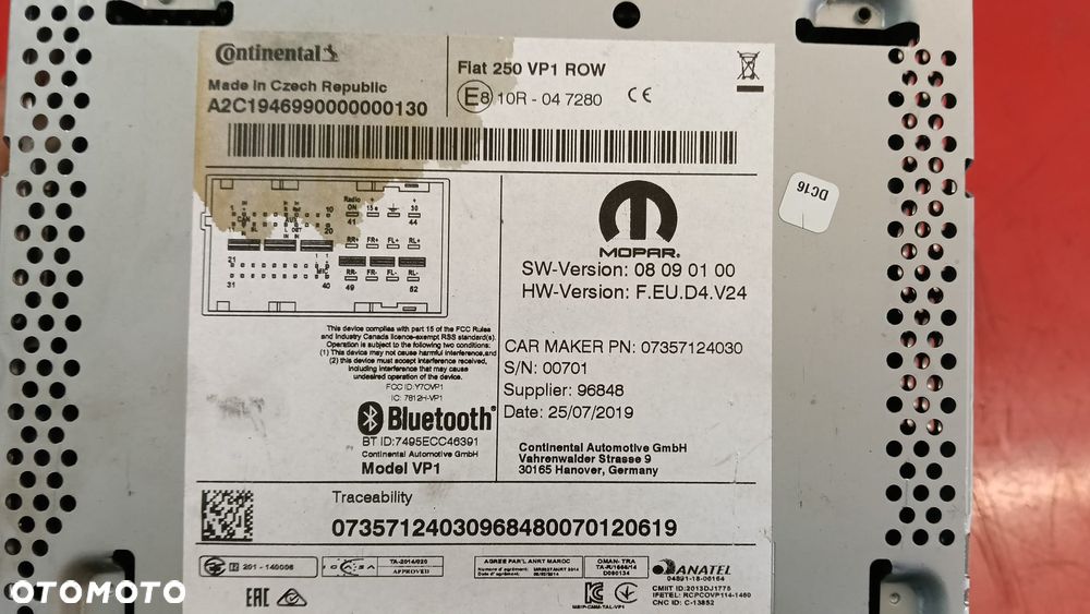 RADIO FIAT DUCATO JUMPER BOXER BRAK KODU 14- 07357124030 NO 626/007 - 2