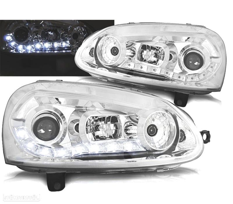 FARÓIS VOLKSWAGEN VW GOLF MK5 03-08 LUZ DIURNA LED FUNDO CROMADO - 1