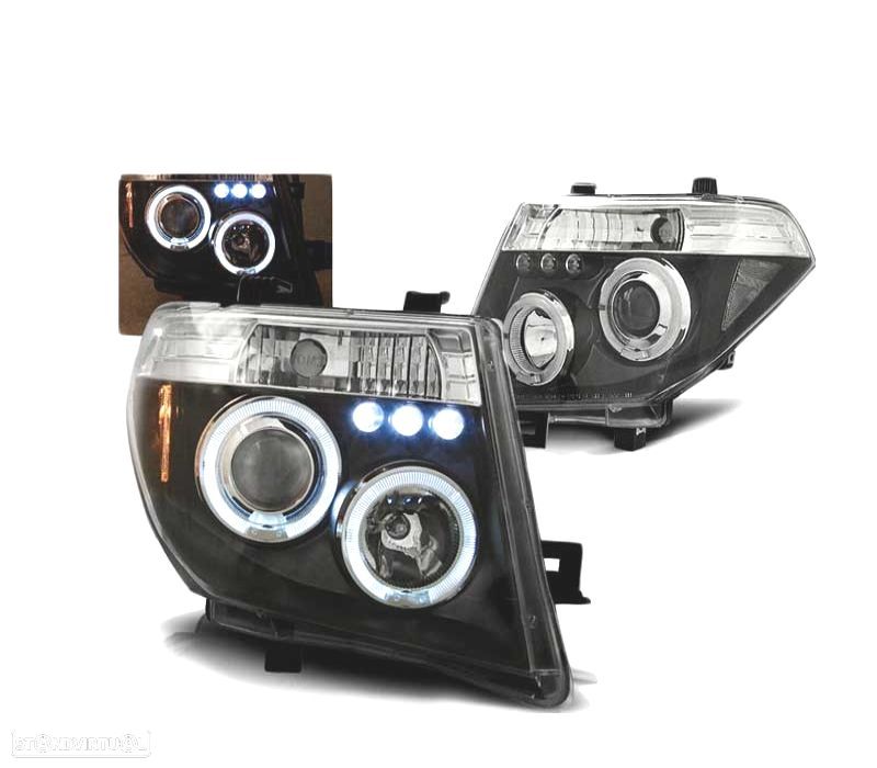 FARÓIS NISSAN NAVARA 04-09 PATHFINDER 05-10 ANGEL EYES LED PRETOS - 1