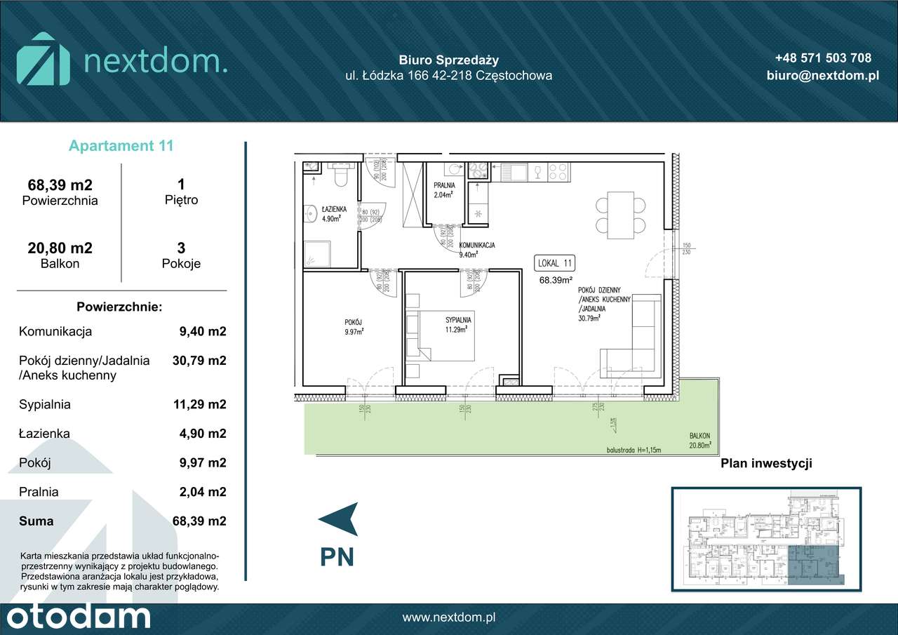 Apartament 11 - 68.39m2 + balkon 20.80m2 - Łódzka 166 Częstochowa