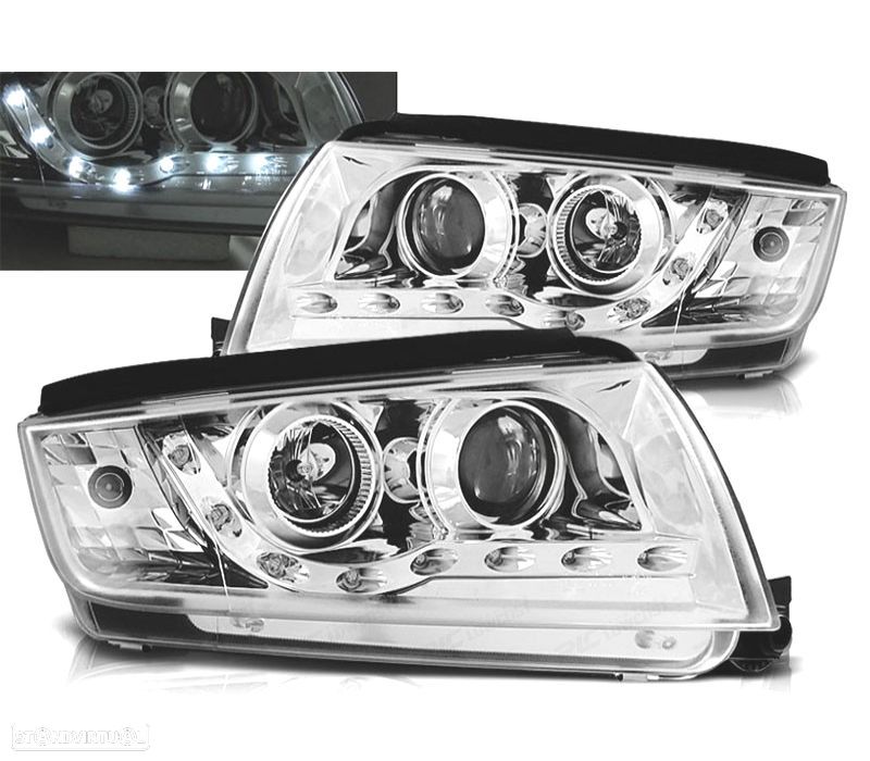 FARÓIS COM LUZ DIURNA LED SKODA FABIA 99-07 FUNDO CROMADO - 1
