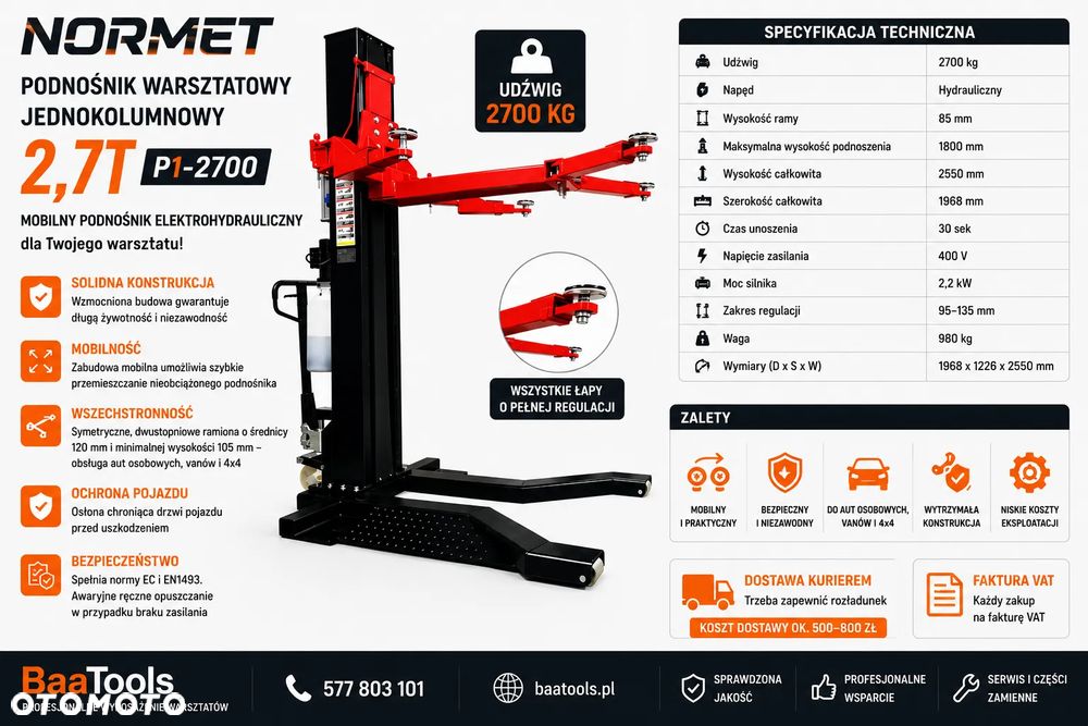 Podnośnik warsztatowy serwisowy jednokolumnowy 2,7T P1-2700 NORMET - 2