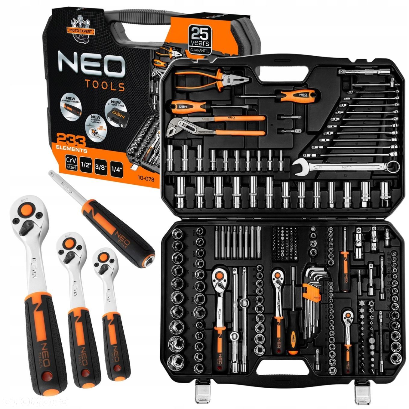 NEO 10-078 ZESTAW KLUCZE NASADOWE 1/2" 1/4" 3/8" TORX NASADKI WALIZKA 233el - 1