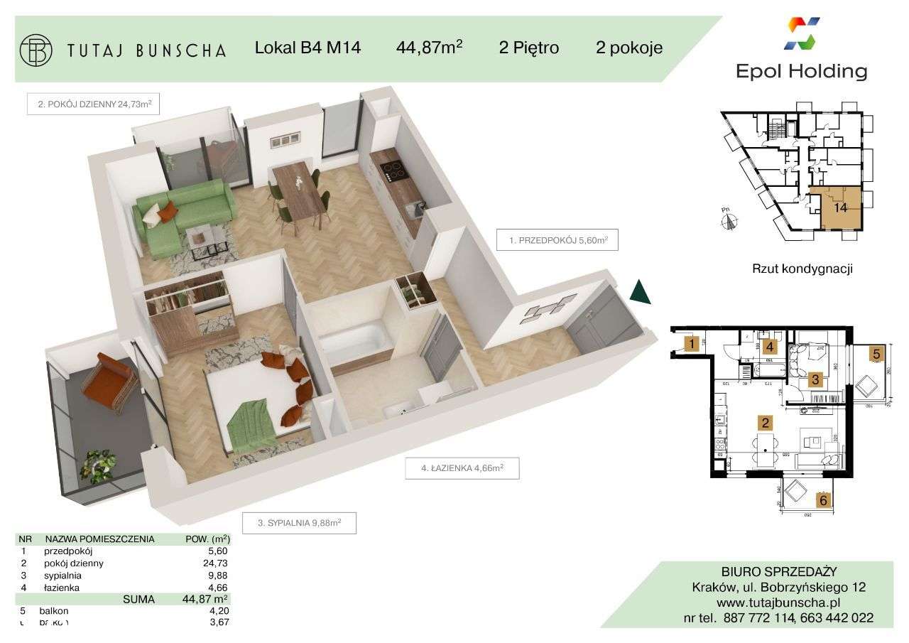 2-pokojowe mieszkanie 44 m2 + 2 balkony 4 i 3 m2, Bezpośrednio