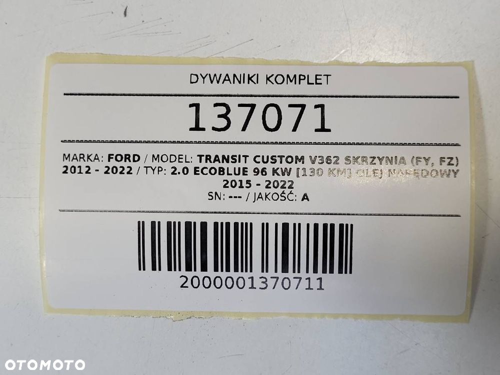 DYWANIKI WYCIERACZKI KOMPLET FORD TRANSIT CUSTOM MK1 - 9
