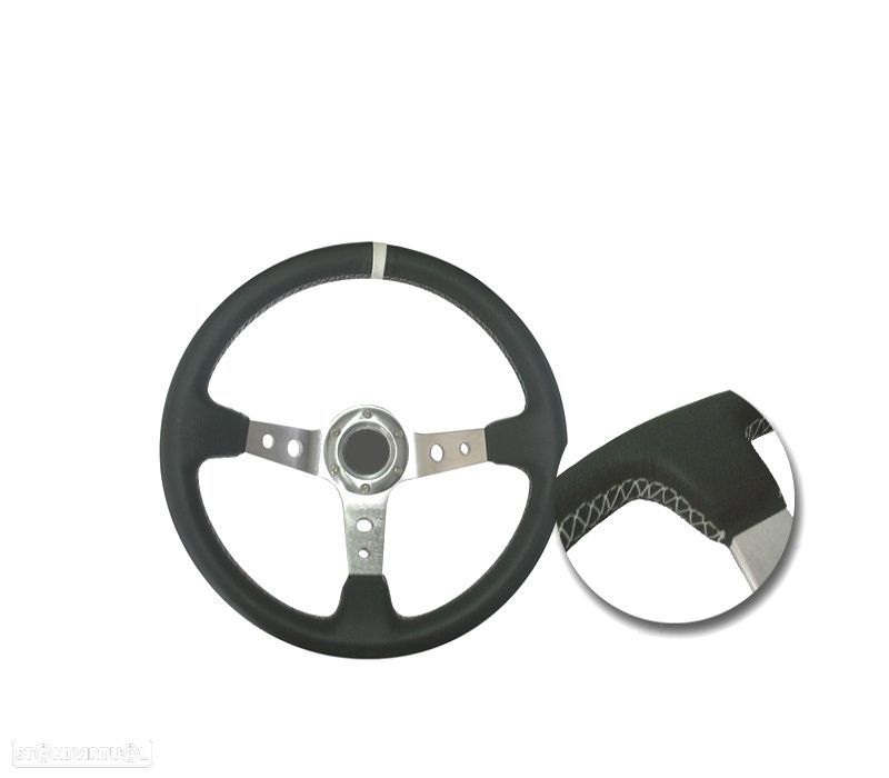 VOLANTE TIPO OMP INVERTIDO PRATEADO BRANCO PELE - 1