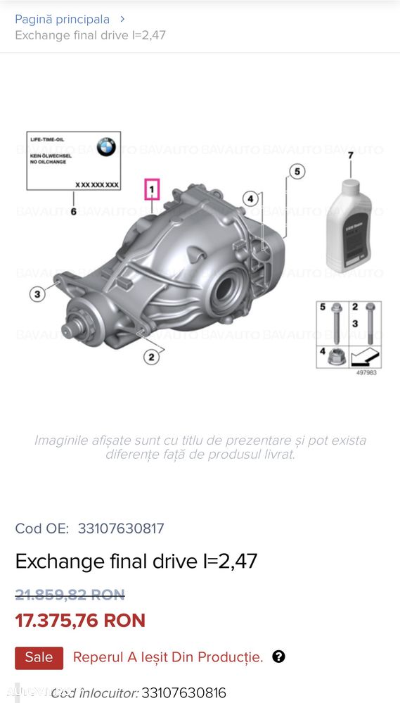 Diferențial / Grup spate BMW Seria 530 dx 530D 5 F10 F11 (Carcasă mare) - Raport 2.47 Coduri 33107630816 (ștanțat scurt ca 7630816-05) 7630817 - 3