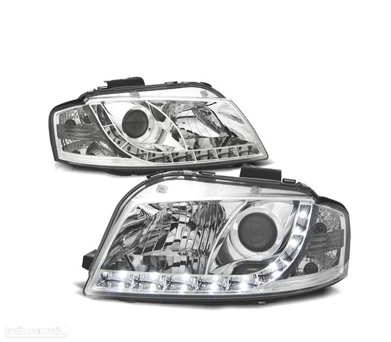 FARÓIS AUDI A3 8P 03-08 LUZ DIURNA LED FUNDO CROMADO - 1
