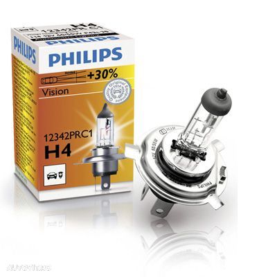 Bec auto cu halogen pentru far Philips Vision +30% H4 12V 60/55W P43t-38, 1 buc. - 1