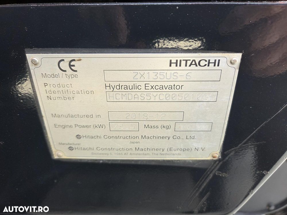 Hitachi ZX135US-6, 15t, 2018, 3.958h, PADURI CAUCIUC NOI, CUPLA RAPIDA HIDRAULICA, CUPA LATA NOUA, cupa ingusta, camera spate, camere laterale, Adanc sapare 6m, latime 2,49m, ridica 7t, consum mediu 7l/h, posibil leasing 3 ani-PROMOTIE 79.900 EUR+Tva - 16