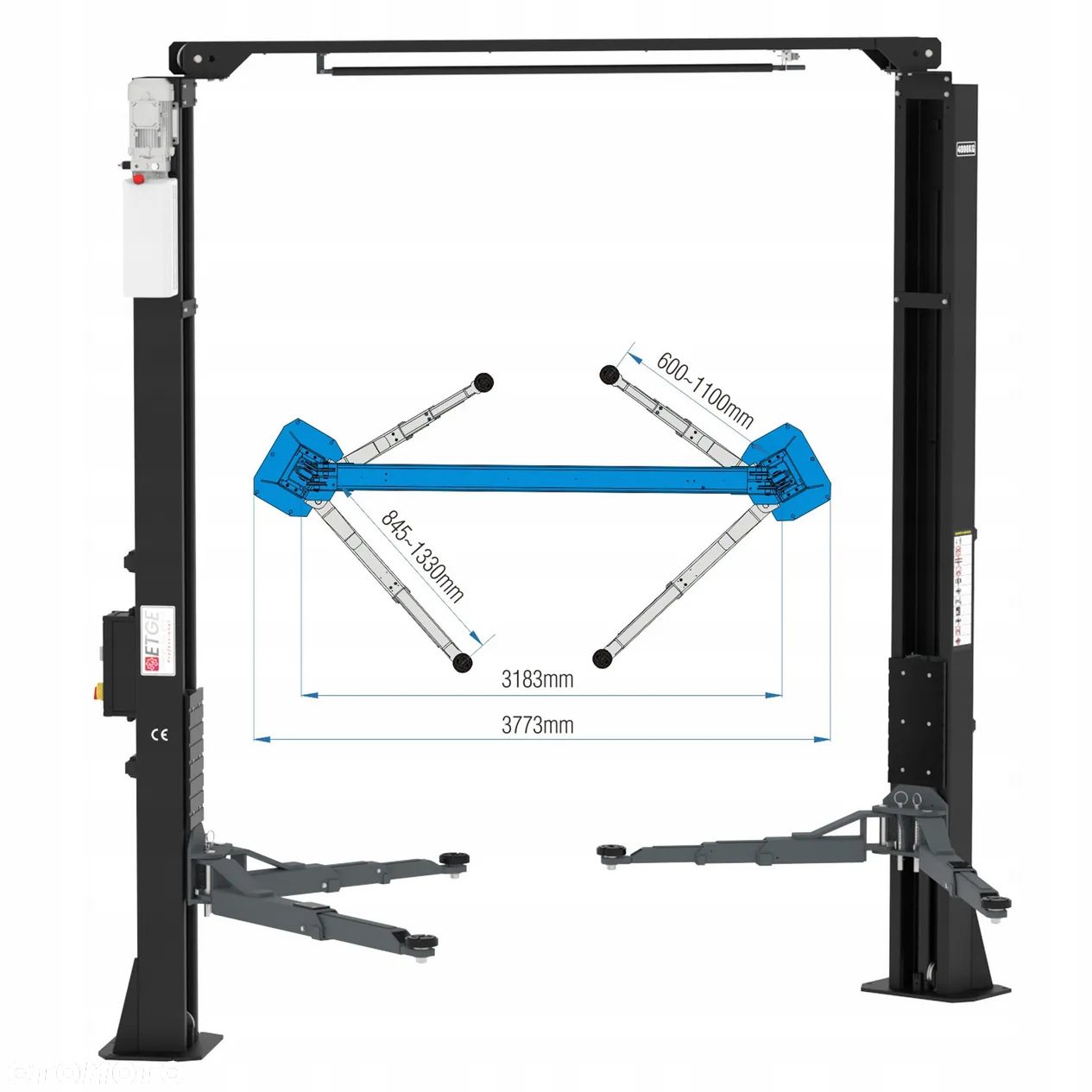 Podnośnik dwukolumnowy asymetryczny ETGE-3440ASY BLACK – 4000 KG, CE + UDT - 4
