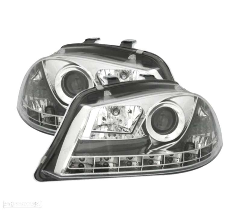 FARÓIS FRONTAIS LUZ DIURNA LED PARA SEAT IBIZA E CORDOBA 6L 02-05 FUNDO CROMADO - 1