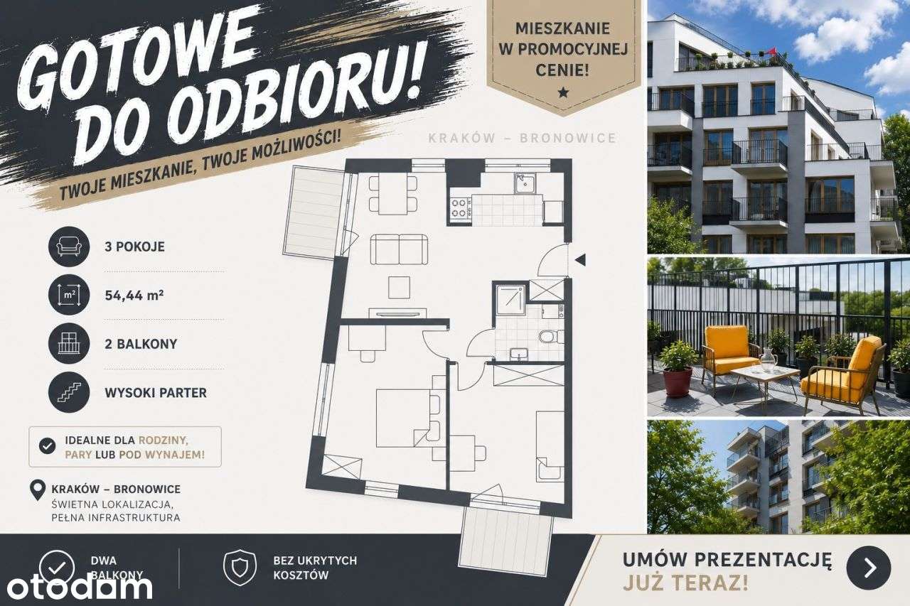 Promocja! Gotowe! 3pok+kuchnia 54,44m² 2Balkony 0%
