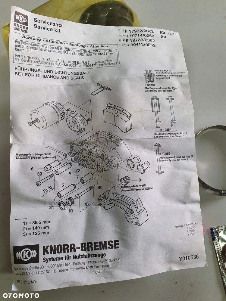 Zestaw naprawczy zacisku SB6 SB7 Knorr-Bremse II197140062   81508226006 - 2