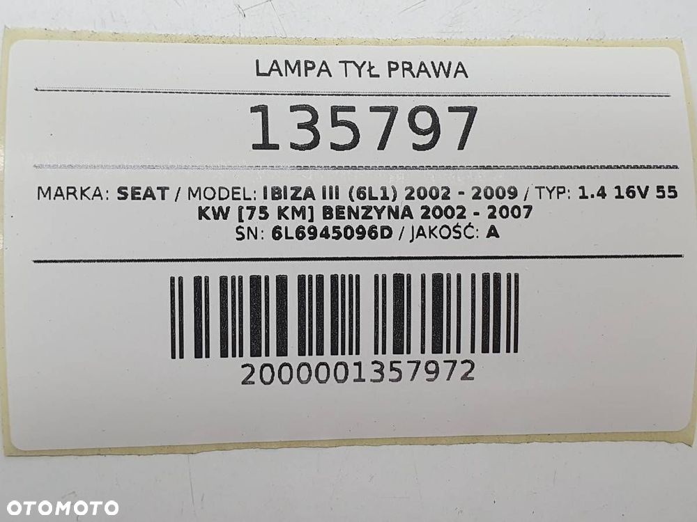 LAMPA TYŁ PRAWA SEAT IBIZA III 6L W BŁOTNIK 6L6945096D EUROPA - 5