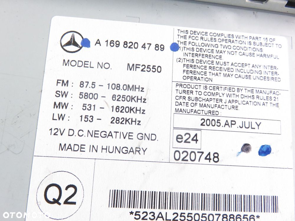 RADIO MERCEDES-BENZ B-CLASS (W245) A1698204789 - 2