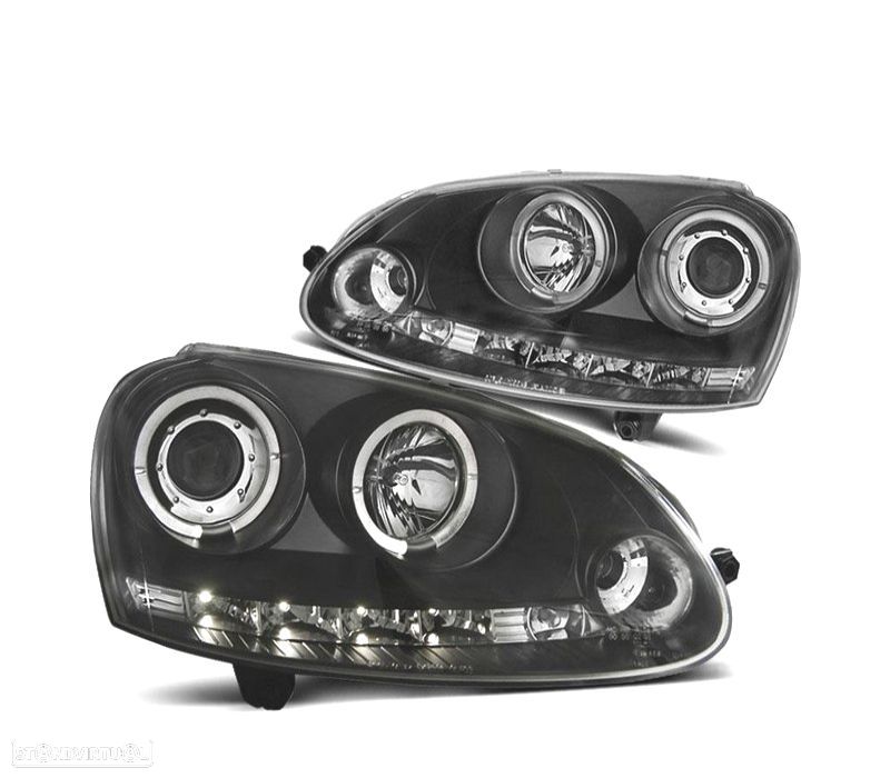 FARÓIS VOLKSWAGEN VW GOLF 5 03-08 JETTA 05-10 OLHOS DE ANJO LUZ DIURNA LED + CCFL FUNDO NEGRO - 1